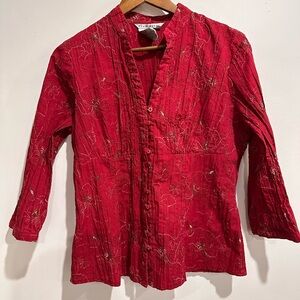FRED DAVID Vintage Red Embroidered 3/4 Length Sleeve Button Up